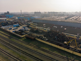 Aerial view of scrap metal recycling yard. Top view.