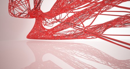 Abstract smooth architectural red and wire black gloss interior  with large windows. 3D illustration and rendering.