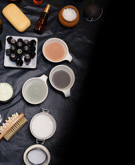 luxury Set of spa products with accessoires on black background