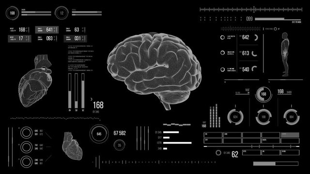 Human brain scan. Futuristic medical user interface with HUD and infographic elements. Virtual technology background. Head-up display template for business, games, motion design, web and app.