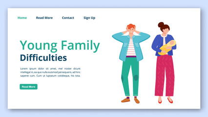 Young family difficulties landing page vector template. Trouble relationship website interface idea with flat illustrations. Married couple with baby homepage layout, webpage cartoon concept