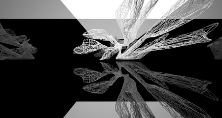 Naklejka premium Abstract smooth architectural white and wire black gloss interior with large windows. 3D illustration and rendering.