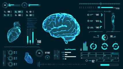 Human brain scan. Futuristic medical user interface with HUD and infographic elements. Virtual technology background. Head-up display template for business, games, motion design, web and app. - Powered by Adobe