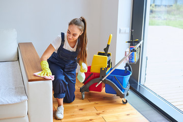 Diligent and careful woman in blue uniform pay attention to little elements of cleaning, using...