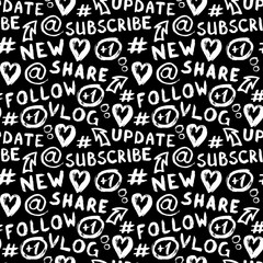 Vector seamless pattern with hand drawn graffiti style social media symbols, signs, words "vlog", "update", "subscribe", "new", "share", "follow". Black and white wallpaper. Chalkboard background.