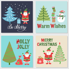 Set of Merry Christmas and New Year greeting cards with Santa Claus, snowman, fur-tree, bag with gifts, hand lettering sign. Holiday cartoon vector illustration. Colorful funny hand drawn template.