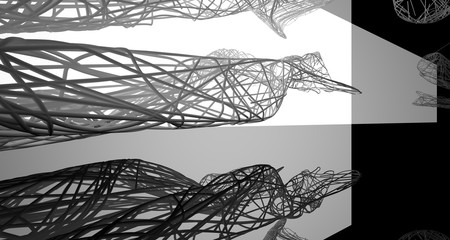 Abstract smooth architectural white and wire black gloss interior  with large windows. 3D illustration and rendering.