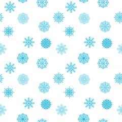 Winter seamless pattern with light blue snowflakes on white background. Holiday decorative wallpaper design.
