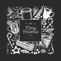 Winter drinks vector design template. Hand drawn engraved style mulled wine, hot chocolate, spices illustrations on chalk board. Vintage christmas background.