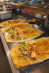 Traditional Turkish Doner Kebab meat. Shawarma or gyros. Turkish, greek or middle eastern arab style chicken doner kebab food in restaurant.