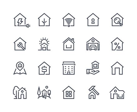 Home line icons. Browser interface button, home page pictogram, houses and city building constructions. Vector real estate set with many design flat architecture pictograms