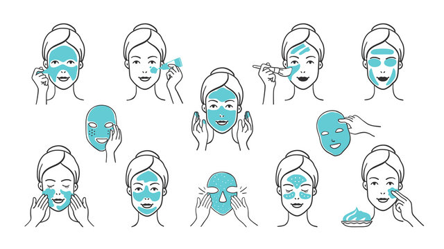 Facial mask set. Skin care and health infographic elements, girl face with facial mask applying steps. Vector hand drawn isolate images icons masks girl face apply for clean skin