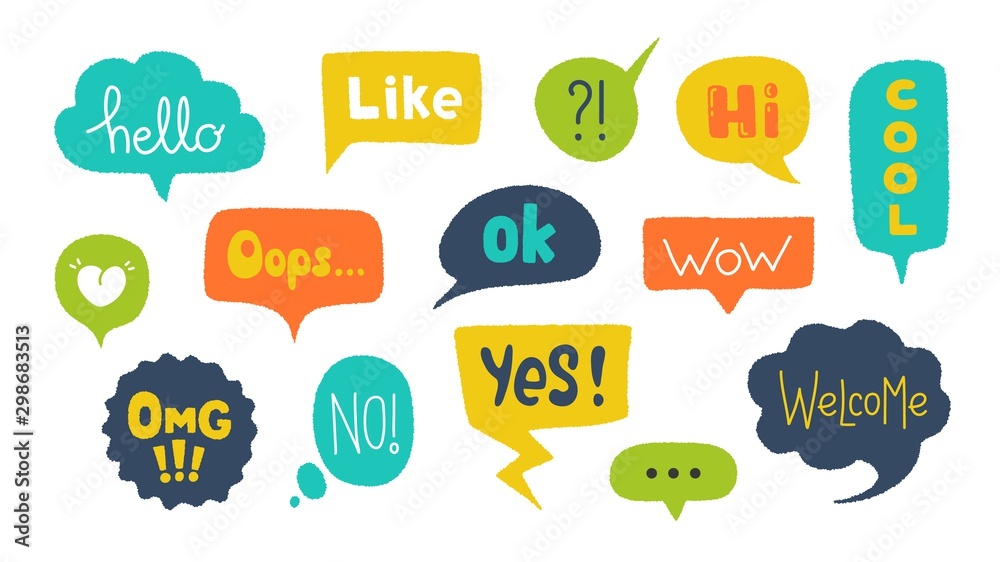 Poster Speech bubbles with text. Hand drawn trendy design elements with grunge texture and rough edges. Vector illustration doodle colourful text banners set