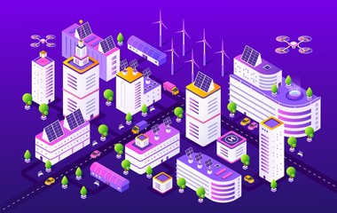 Isometric smart city. Modern futuristic neon town structure, gradient transport and buildings. Vector illustrations colourful night future urban object concept and innovation technology