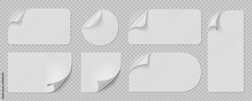 Poster curled pages and stickers. round, square and rectangle flipped paper page, sticky banners with curle