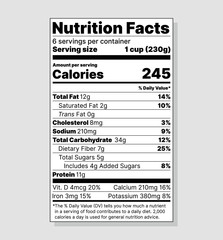 Label Nutrition facts. Food information with daily value. Vector. Package template. Data table ingredients calorie, fat, sugar, cholesterol. Vertical Display with Micronutrients Listed Side-by-Side