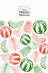 Watermelon and tropical leaves design template. Hand drawn vector exotic fruit illustration. Engraved style retro botanical banner.