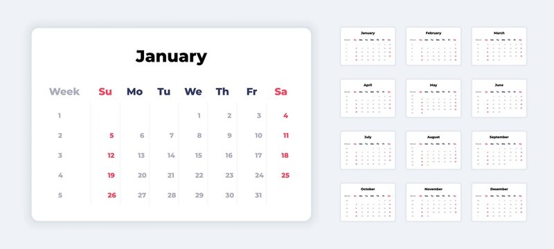 Calendar 2020. New year white template, corporate planner mockup, calendar application UI. Vector weeks and month calendar to print with business and holiday days