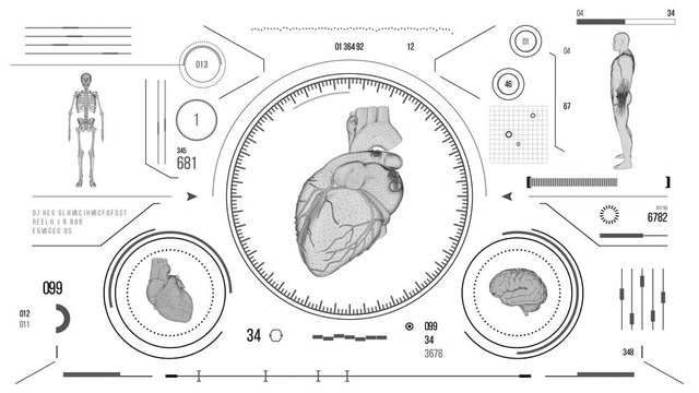 Human heart scan. Futuristic medical user interface with HUD and infographic elements. Virtual technology background. Head-up display template for business, games, motion design, web and app.