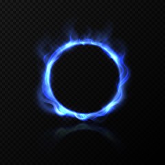 Realistic blue fire circle. Ring of blue fire with shiny flame effect. Vector effect burning round hoop on black transparent background