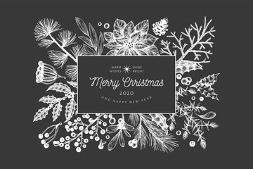 Christmas hand drawn vector greeting card template. Vintage style winter plants illustration on chalk board