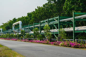 Industrial steam pipe surrounded by trees and flowers.