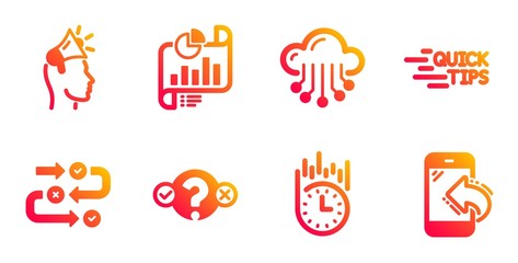 Cloud storage, Fast delivery and Quiz test line icons set. Survey progress, Report document and Brand ambassador signs. Education, Incoming call symbols. Data service, Stopwatch. Vector