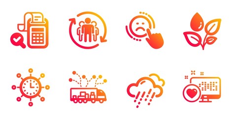 Obraz premium World time, Bill accounting and Plants watering line icons set. Rainy weather, Teamwork and Truck delivery signs. Dislike, Heart symbols. Measurement device, Audit report. Business set. Vector