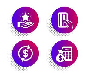 Payment card, Loyalty program and Dollar exchange icons simple set. Halftone dots button. Finance calculator sign. Credit card, Bonus star, Banking rates. Calculate money. Finance set. Vector