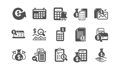 Accounting icons. Report, Calculator and Checklist. Money classic icon set. Quality set. Vector