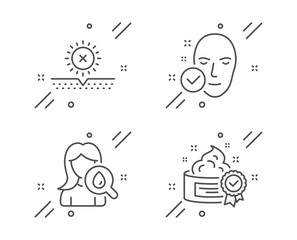 Fototapeta premium Health skin, Moisturizing cream and No sun line icons set. Cream sign. Clean face, Face lotion, Uv protect. Best lotion. Beauty set. Line health skin outline icon. Vector