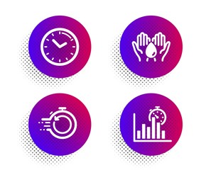 Time, Fast recovery and Safe water icons simple set. Halftone dots button. Report timer sign. Clock, Backup timer, Hold drop. Growth chart. Science set. Classic flat time icon. Vector