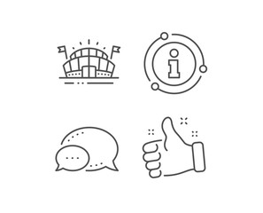 Sports arena line icon. Chat bubble, info sign elements. Stadium with flags sign. Sport complex symbol. Linear sports arena outline icon. Information bubble. Vector