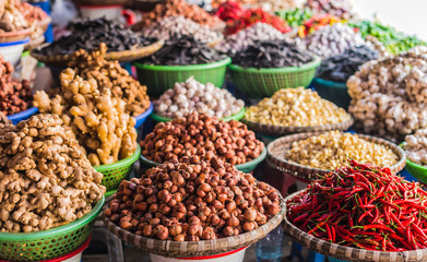 Groceries sold on the street market in Hanoi, Vietnam