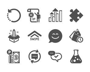 Set of Technology icons, such as Chemistry lab, Smile chat, Swipe up, Settings blueprint, Strategy, Parking payment, Approved, Recovery data, Startup, Analysis graph, Time management. Vector