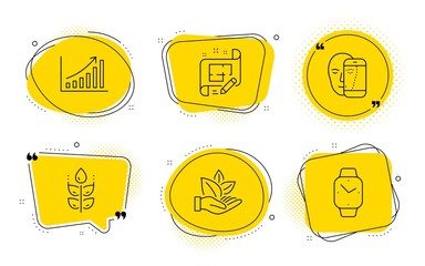 Face biometrics, Graph chart and Smartwatch signs. Chat bubbles. Architect plan, Organic product and Gluten free line icons set. Engineering plan, Leaf, Bio ingredients. Facial recognition. Vector