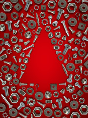 bolts, nuts, nails, screws, tools christmas tree red - obrazy, fototapety, plakaty