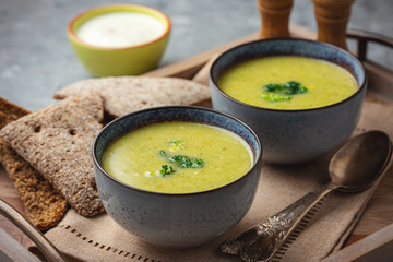 Homemade broccoli cream soup, vegetarian food.