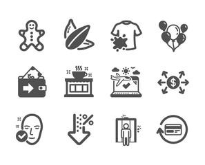 Set of Business icons, such as Dirty t-shirt, Refund commission, Airplane travel, Gingerbread man, Elevator, Dollar exchange, Balloons, Wallet, Coffee shop, Health skin, Low percent. Vector