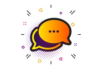 Chat comment sign. Halftone circles pattern. Dots message icon. Speech bubble symbol. Classic flat dots message icon. Vector