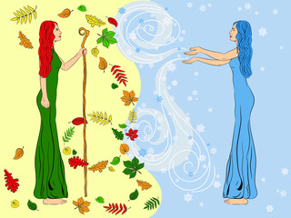 Two women in the image of autumn and winter. Autumn leaf fall, snowy blizzard. Meeting of autumn and winter. Vector illustration
