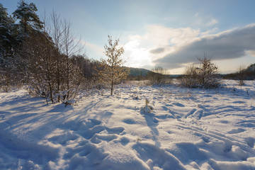 White snowy russian winter. Beautiful landscape at that cold time when the nature had been frozen. Nature is resting in sunny day.