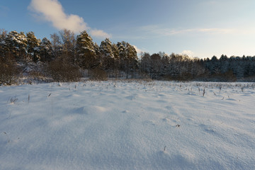 White snowy russian winter. Beautiful landscape at that cold time when the nature had been frozen. Nature is resting in sunny day.
