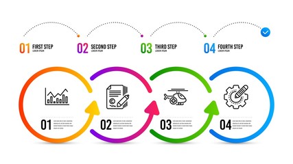 Naklejka premium Settings gear sign. Infographics timeline. Medical helicopter, Infochart and Copywriting line icons set. Sky transport, Stock exchange, Ð¡opyright signature. Technology process. Science set. Vector