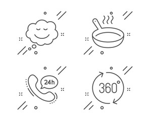 Speech bubble, Frying pan and 24h service line icons set. 360 degrees sign. Comic chat, Cooking utensil, Call support. Full rotation. Business set. Line speech bubble outline icon. Vector