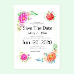 floral vintage wedding invitation template with golden frame and rsve