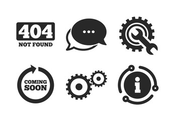 Repair service tool and gear symbols. Chat, info sign. Coming soon rotate arrow icon. Wrench sign. 404 Not found. Classic style speech bubble icon. Vector