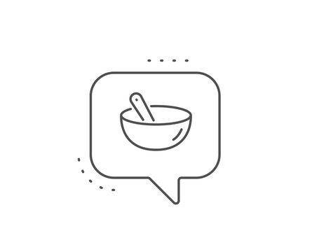 Cooking Mix Line Icon. Chat Bubble Design. Bowl With Spoon Sign. Food Preparation Symbol. Outline Concept. Thin Line Cooking Mix Icon. Vector