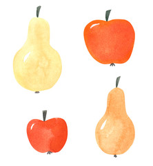 Set of pears and apples, hand drawn watercolor illustration
