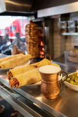 raditional Turkish Doner Kebab meat. Shawarma or gyros. Turkish, greek or middle eastern arab style chicken doner kebab food in restaurant.